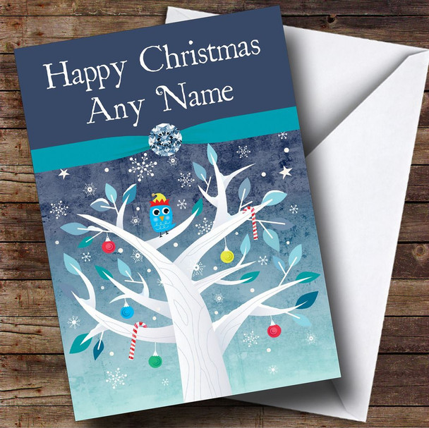 Blue Owl In Xmas Tree Personalised Christmas Card