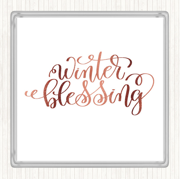 Rose Gold Christmas Winter Blessing Quote Drinks Mat Coaster