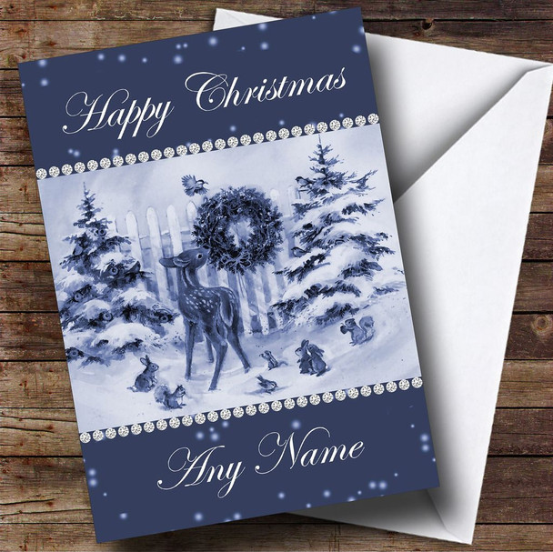 Baby Reindeer Snow Scene Blue Personalised Christmas Card