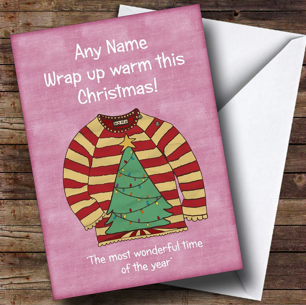 Xmas Tree Jumper Pink Personalised Christmas Card