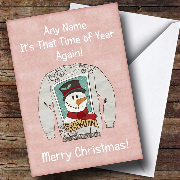 Snowman Jumper Pink Personalised Christmas Card