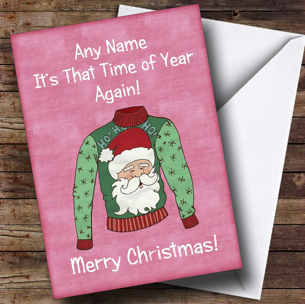 Santa Jumper Pink Personalised Christmas Card