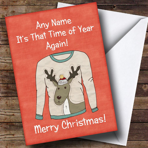 Reindeer Jumper Red Personalised Christmas Card