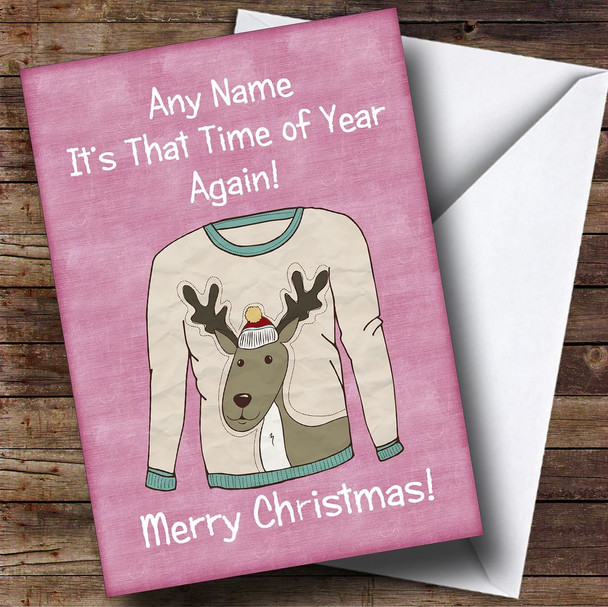 Reindeer Jumper Pink Personalised Christmas Card