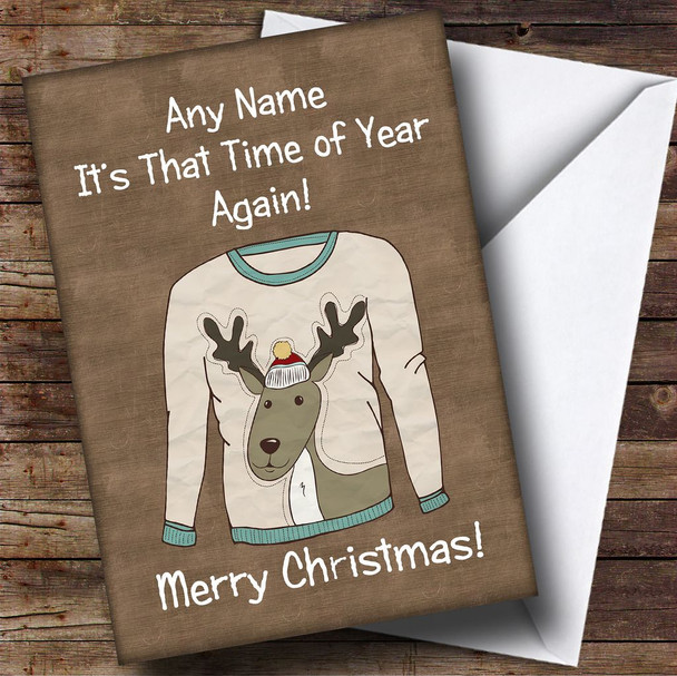 Reindeer Jumper Brown Personalised Christmas Card