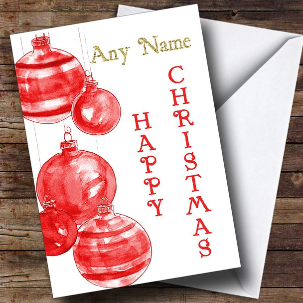 Red Watercolour Baubles Personalised Christmas Card