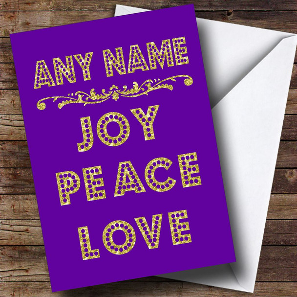Joy Peace Love Purple Personalised Christmas Card