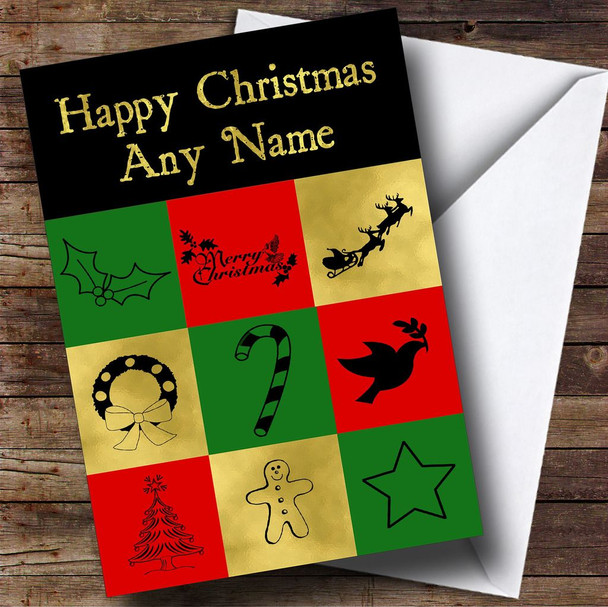 Gold Red Green Check Personalised Christmas Card