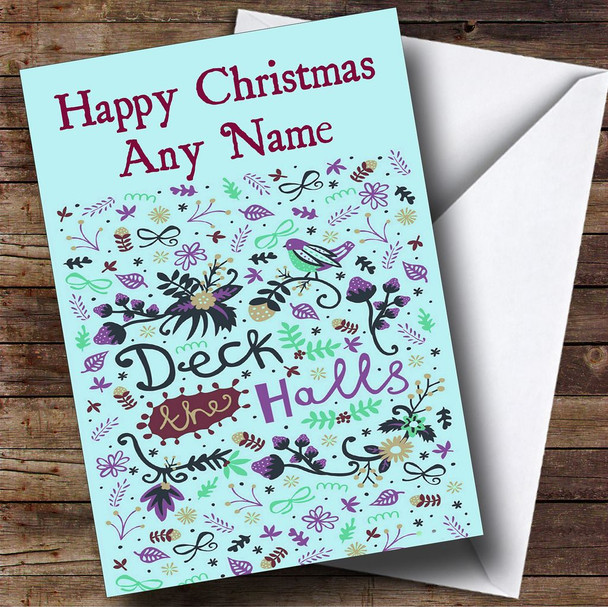 Deck The Halls Aqua Christmas Card Personalised