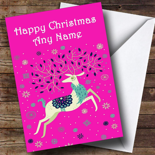 Pink Reindeer Modern Christmas Card Personalised