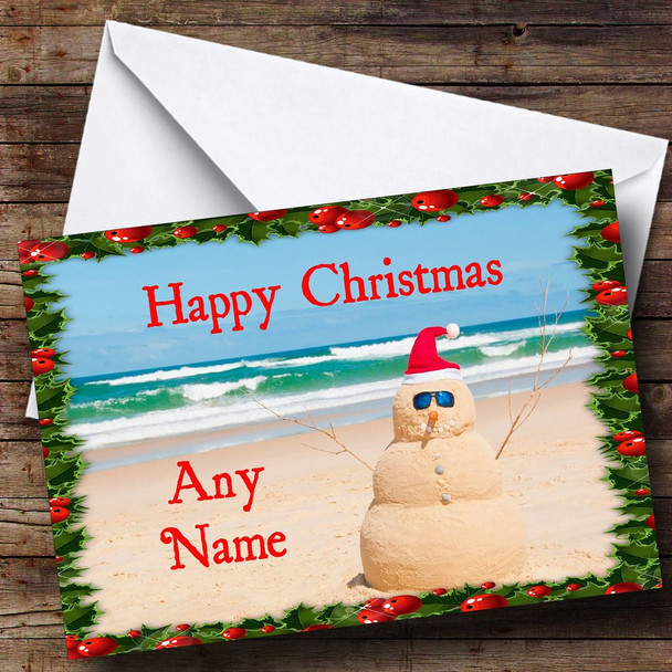 Funny Sandman On Beach Christmas Card Personalised