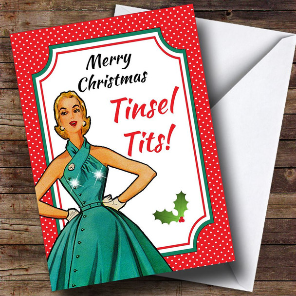 Funny Tinsel Tits Personalised Christmas Card