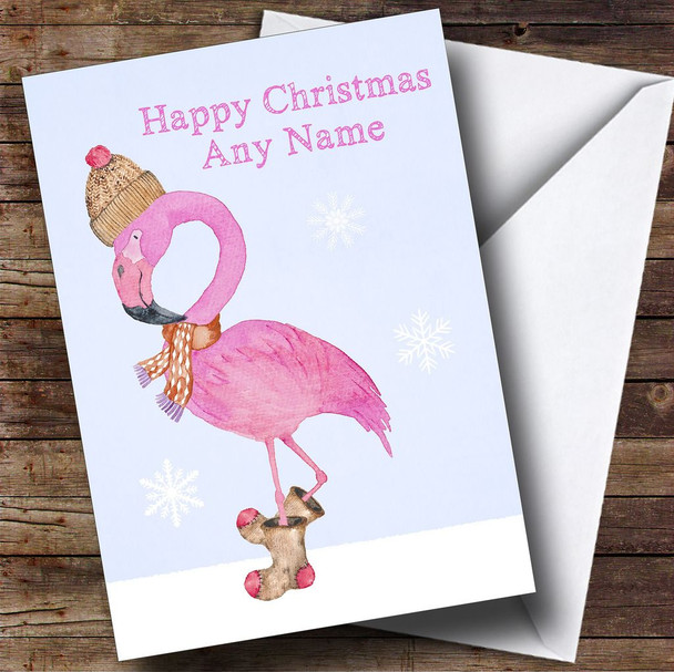 Watercolour Snowy Flamingo Personalised Christmas Card