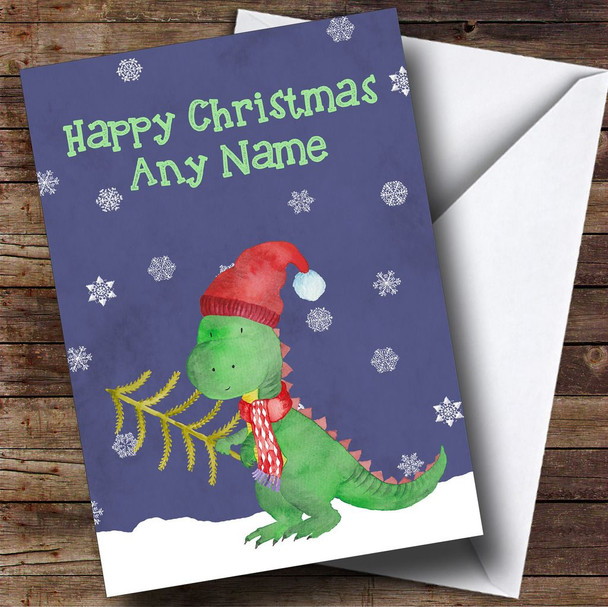 Watercolour Snowy Dinosaur Personalised Christmas Card