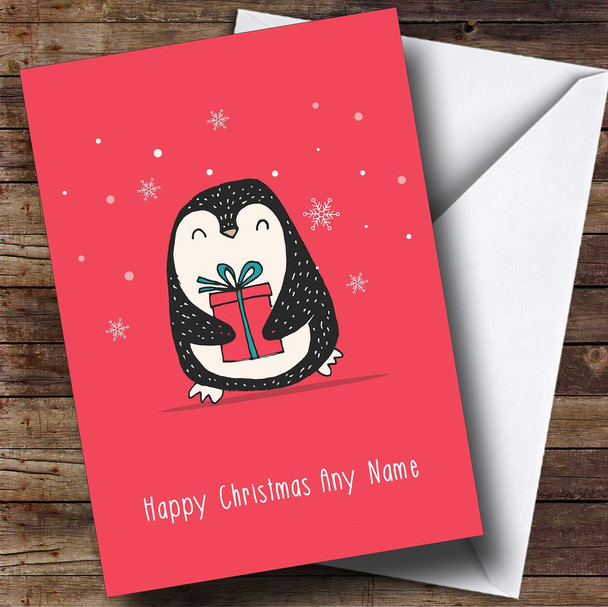 Penguin With A Present Personalised Christmas Card