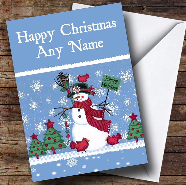 Pale Blue Snowman Christmas Card Personalised