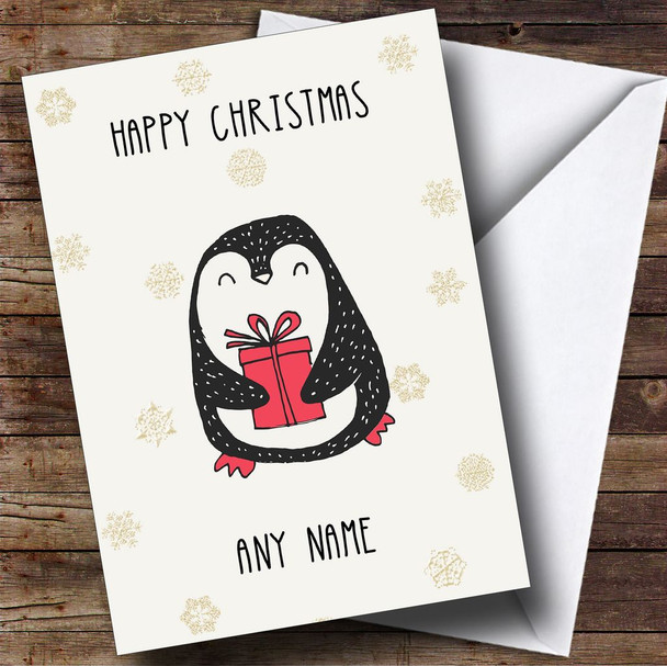 Cute Penguin With Present Personalised Christmas Card