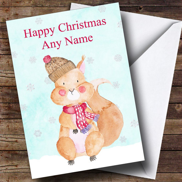Watercolour Snowy Squirrel Personalised Christmas Card