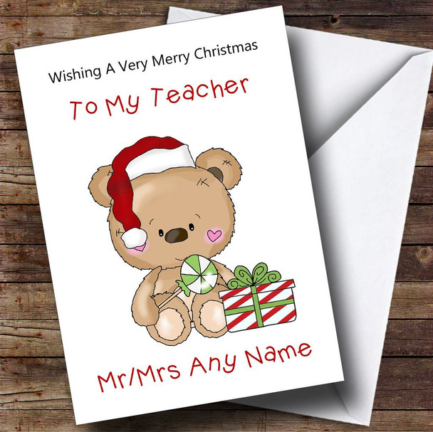 Teacher Cartoon Bear With Present Personalised Christmas Card