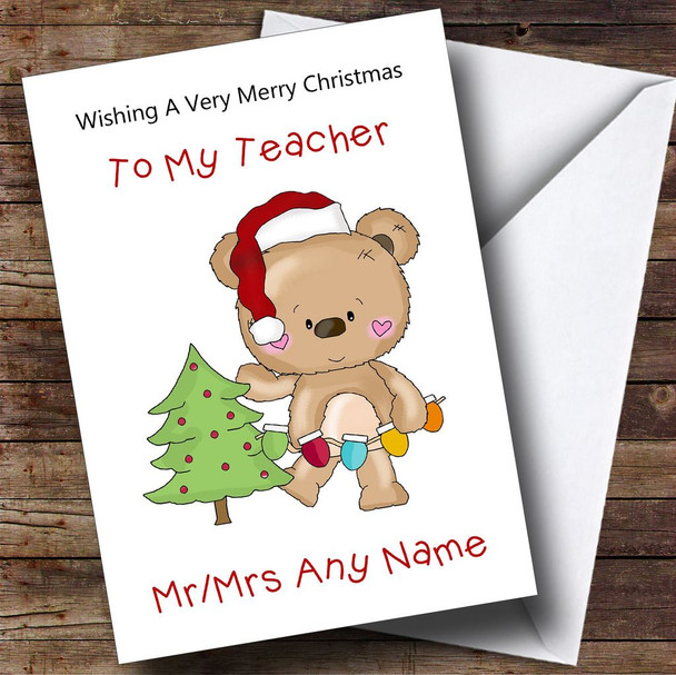 Teacher Cartoon Bear Decorating The Tree Personalised Christmas Card