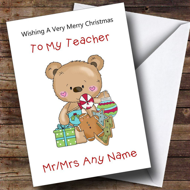 Teacher Cartoon Bear Christmas Ornaments Personalised Christmas Card