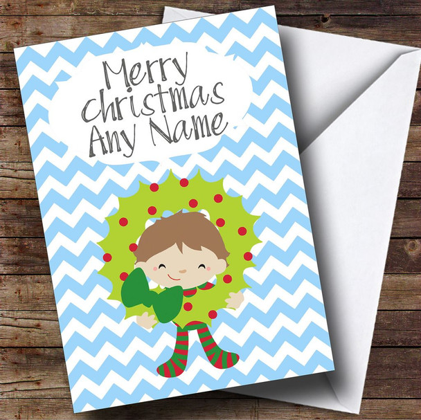 Blue Boy & Wreath Children's Personalised Christmas Card