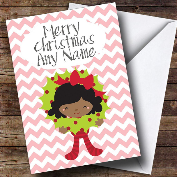Dark Skinned Girl and Wreath Children's Personalised Christmas Card