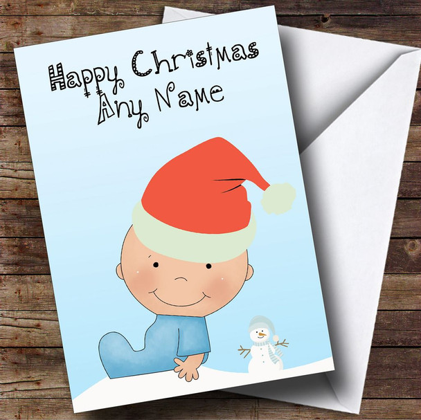 Baby And Snowman Children's Personalised Christmas Card