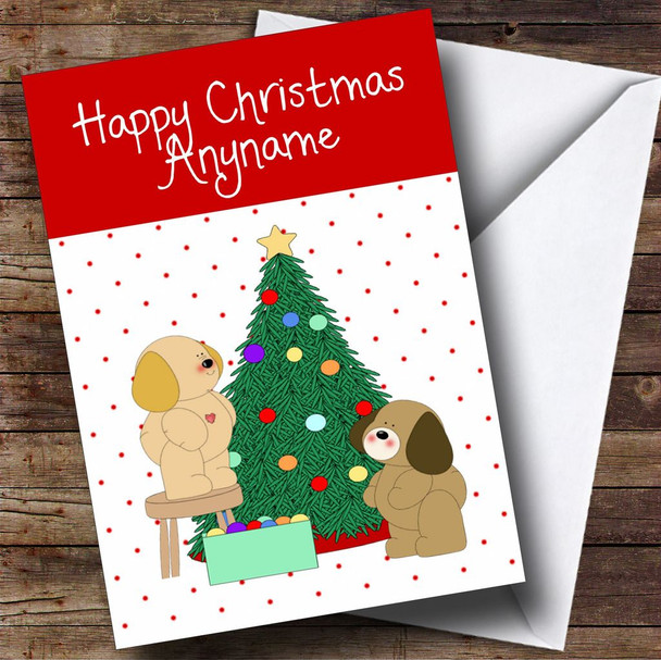 Spotty Dogs Decorating Tree Children's Personalised Christmas Card