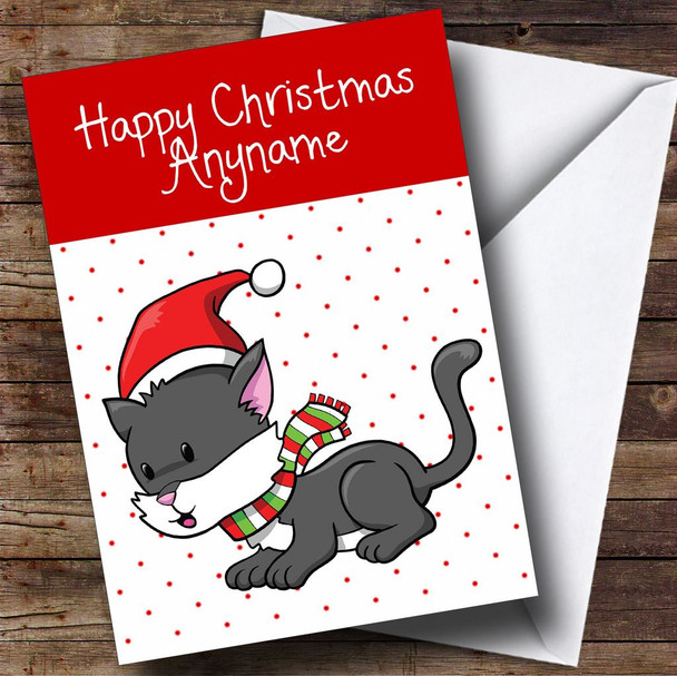 Spotty Dark Grey Cat Children's Personalised Christmas Card