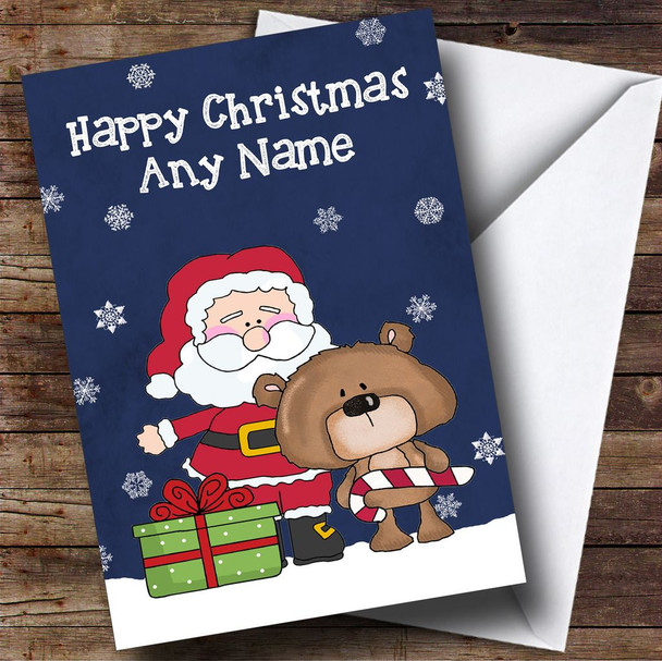 Snowflake Santa and Bear Blue Children's Personalised Christmas Card