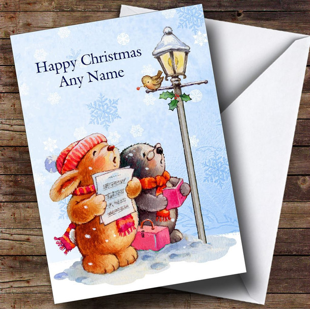 Carol Singing Rabbit & Mole Children's Personalised Christmas Card