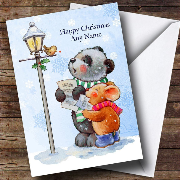 Carol Singing Panda & Mouse Children's Personalised Christmas Card