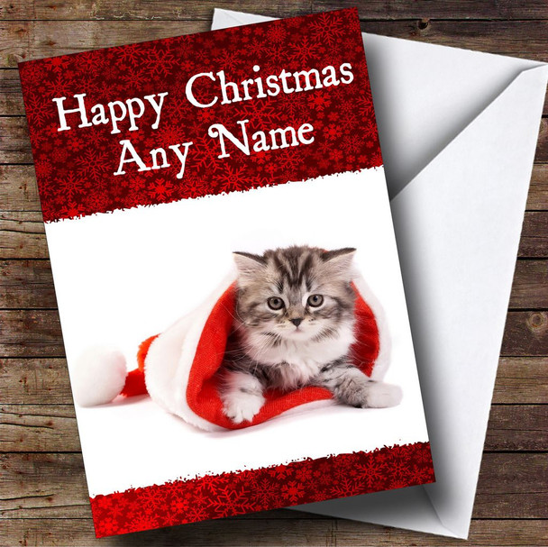 Red Fluffy Cat Christmas Card Personalised