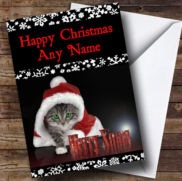Green Eye Cat Christmas Card Personalised