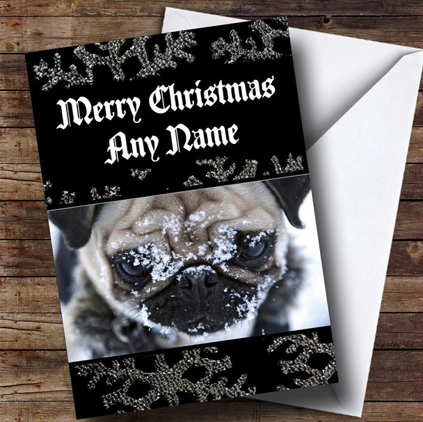 Pug Dog In The Snow Personalised Christmas Card