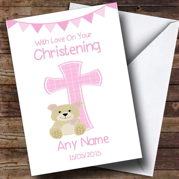 Girls Dedication Pink Cross Personalised Christening Card