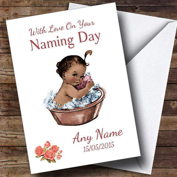Cute Vintage Black Baby Girl Personalised Naming Day Card