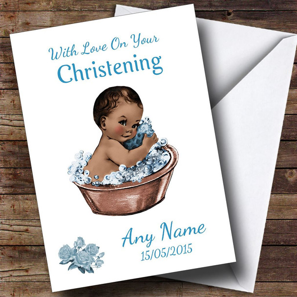 Cute Vintage Black Baby Boy Personalised Christening Card