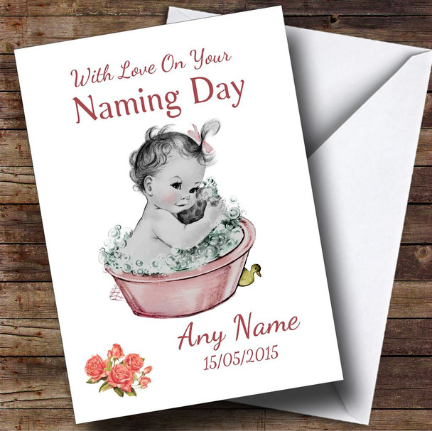 Cute Vintage Baby Girl Personalised Naming Day Card