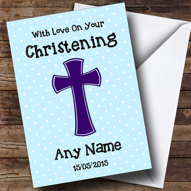 Blue Polka dot Cross Personalised Christening Card