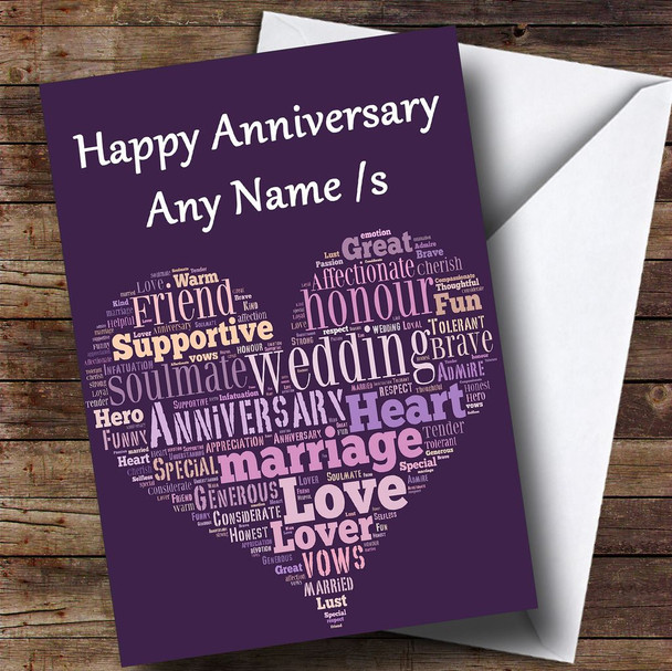 Purple Word Art Personalised Anniversary Card