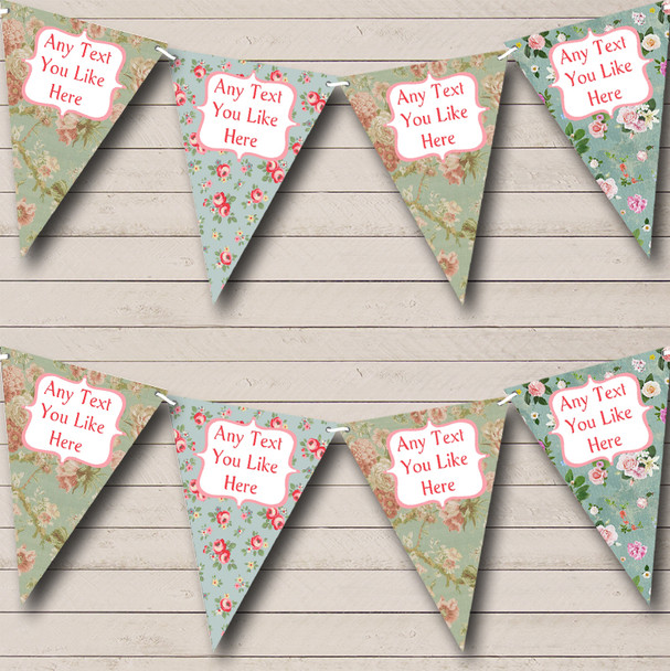 Shabby Chic Floral Blue Greens Personalised Wedding Anniversary Party Bunting