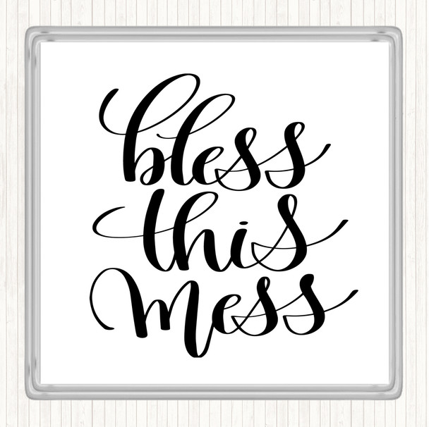 White Black Bless This Mess Quote Drinks Mat Coaster