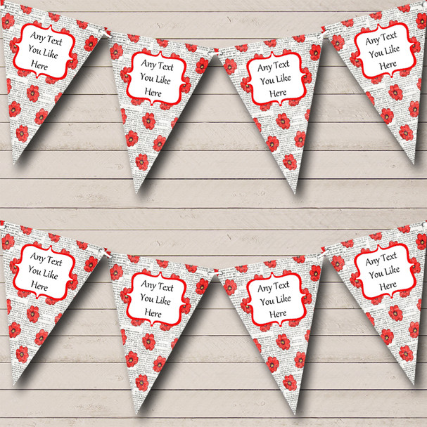 Shabby Chic Newspaper And Red Poppy Flowers Personalised Birthday Party Bunting