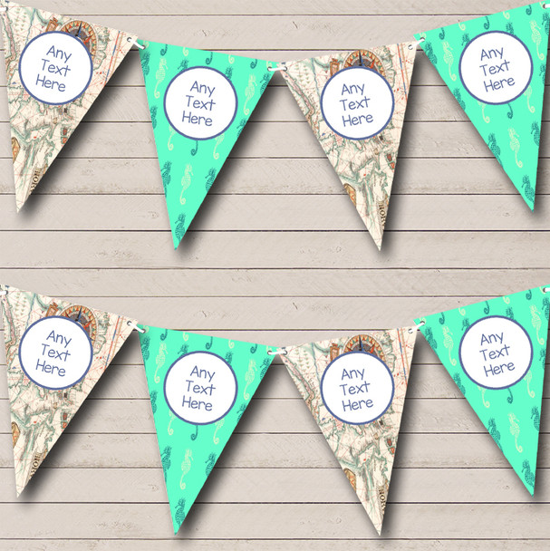 Nautical Sailing Sea Map Green Seahorse Personalised Birthday Party Bunting