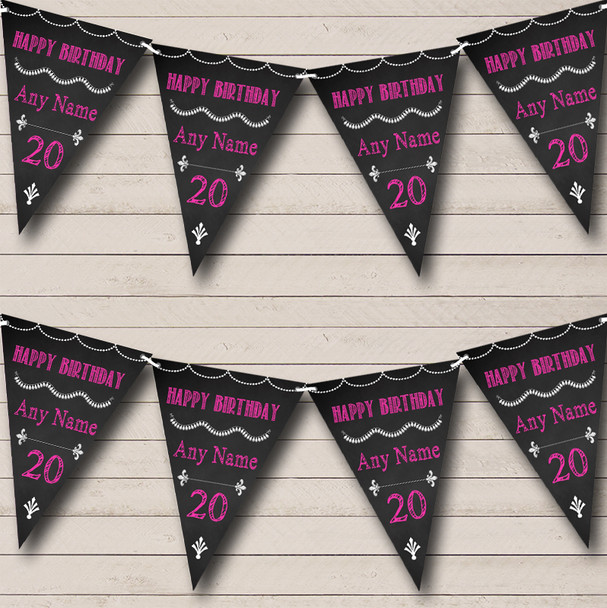Chalkboard Style Black White & Bright Pink Personalised Birthday Party Bunting