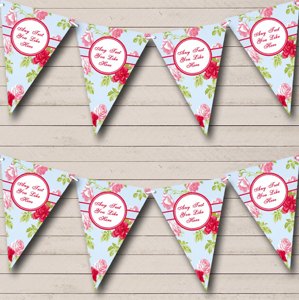 Bright Fuchsia Pink And Pale Blue Rose Personalised Birthday Party Bunting