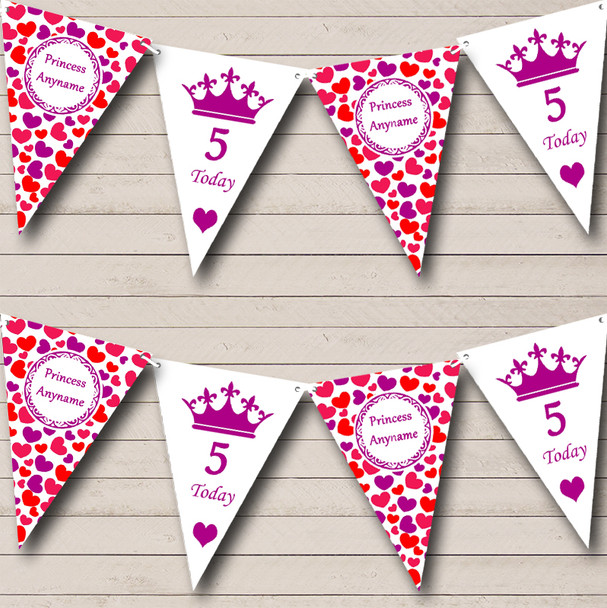 Purple Pink Red Hearts Princess Personalised Children's Birthday Party Bunting