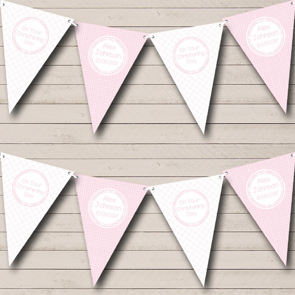 Girl Pink Flowers & Check Personalised Christening Baptism Bunting